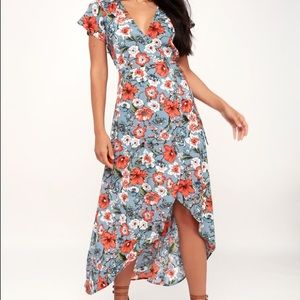 LuLu’s Floral Print Satin High-Low Wrap Dress